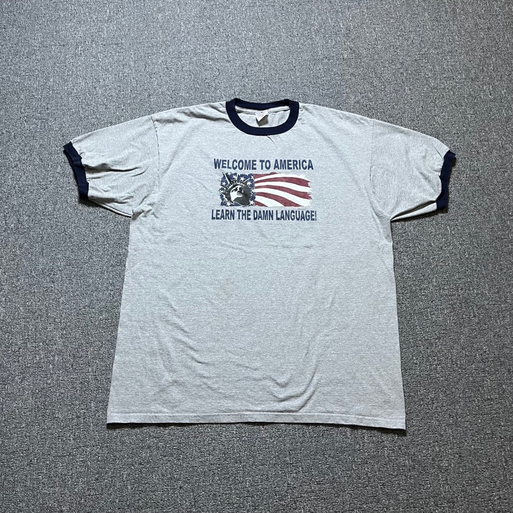 Vintage Anvil Ringer T-Shirt 2XL Gray Welcome To America Learn Language 2000s